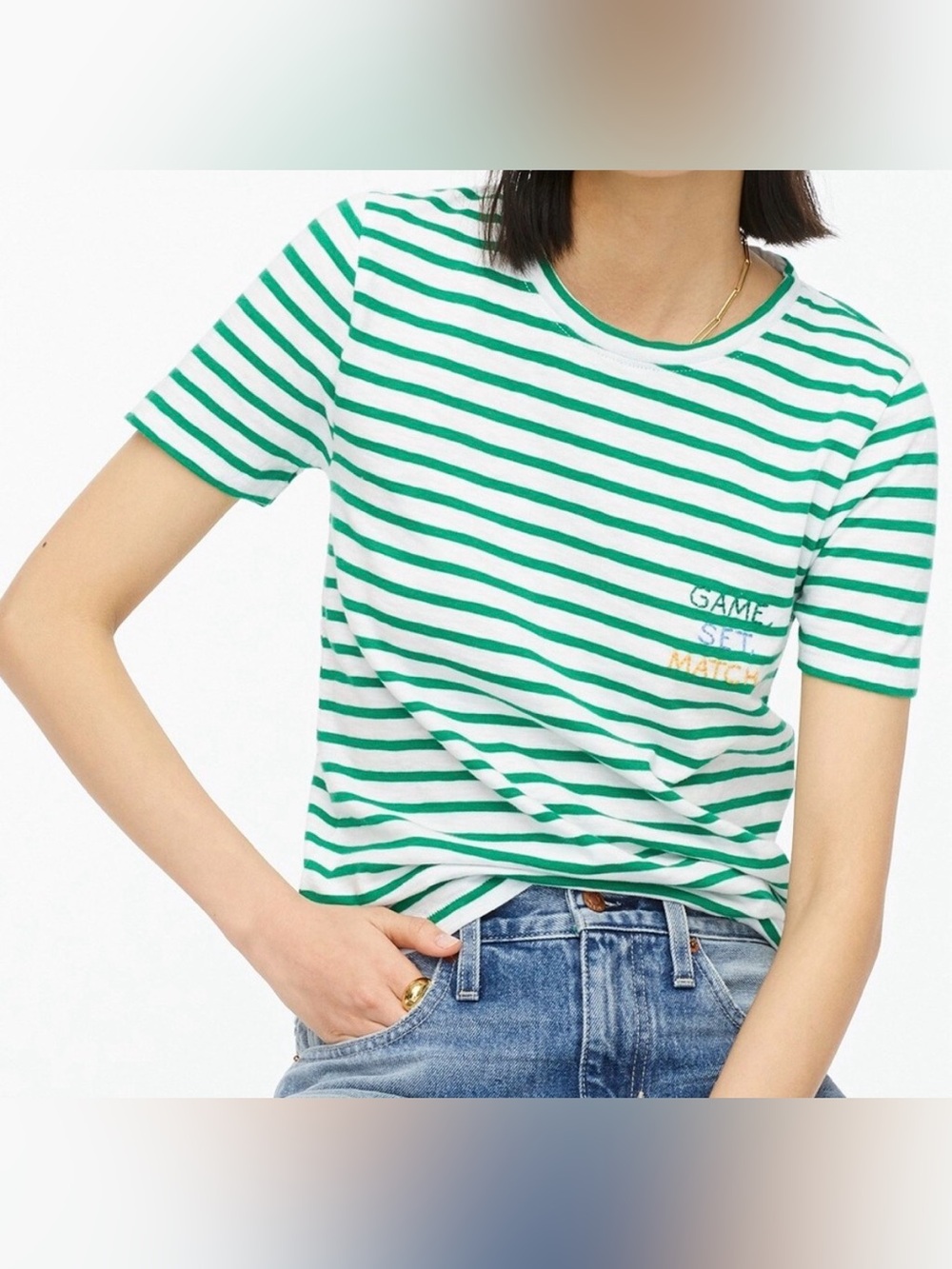J. Crew Green and White Stripe Crewneck Tee